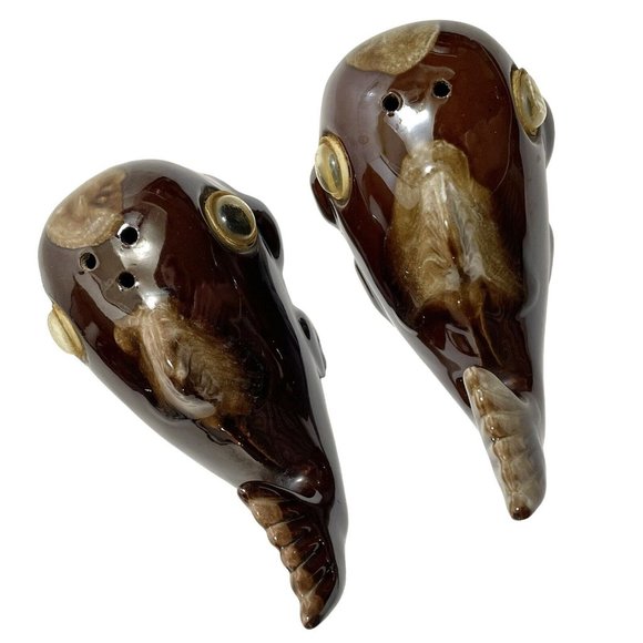 Vintage 1950s Redware Pottery Whales Googly Eyes Japan Brown Drip Salt Pepper - Picture 6 of 11